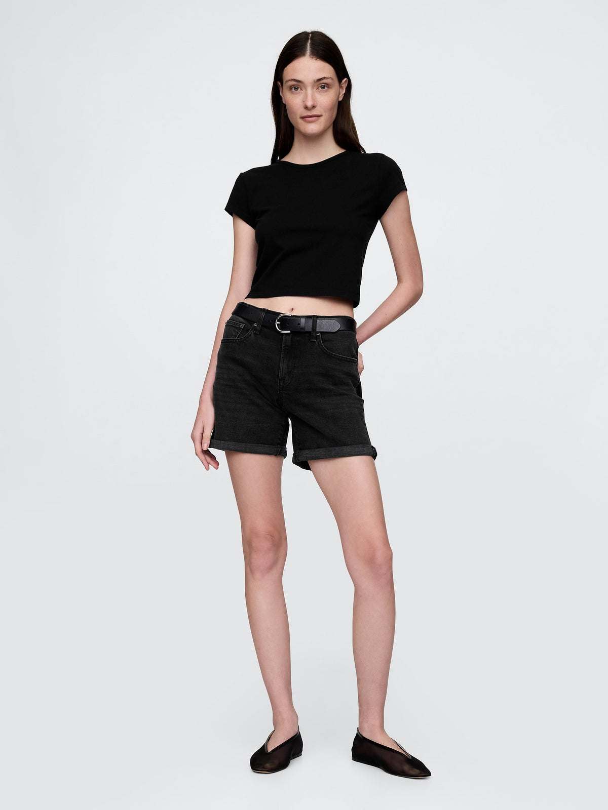 Siyah 5 Mid Rise Denim Girlfriend Şort