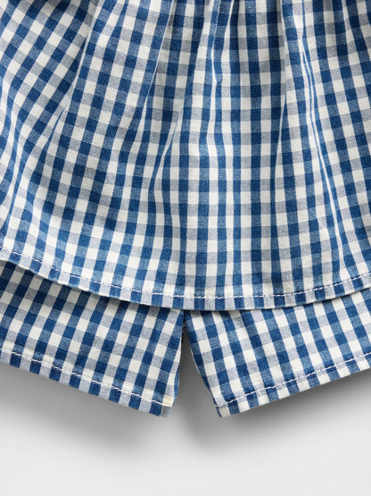 Mavi Gingham Denim Katmanlı Şort Etek