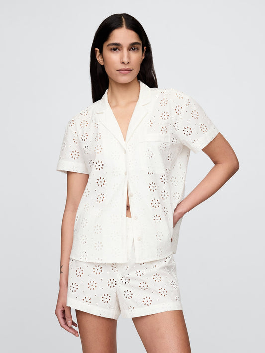 Beyaz Eyelet Poplin Pijama Üstü
