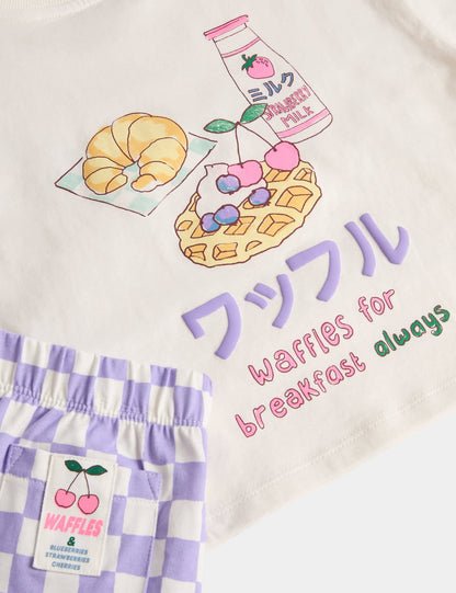 Saf Pamuklu Waffle Desenli Çocuk Pijama Takımı