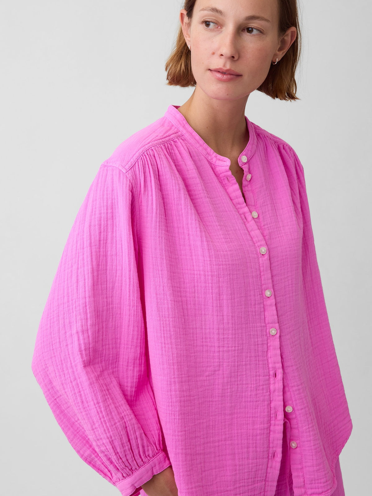 Pembe Pamuk Gauze Oversized Yakasız Gömlek