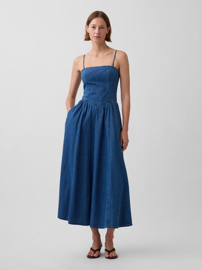 Koyu Mavi Strapless Denim Maxi Elbise
