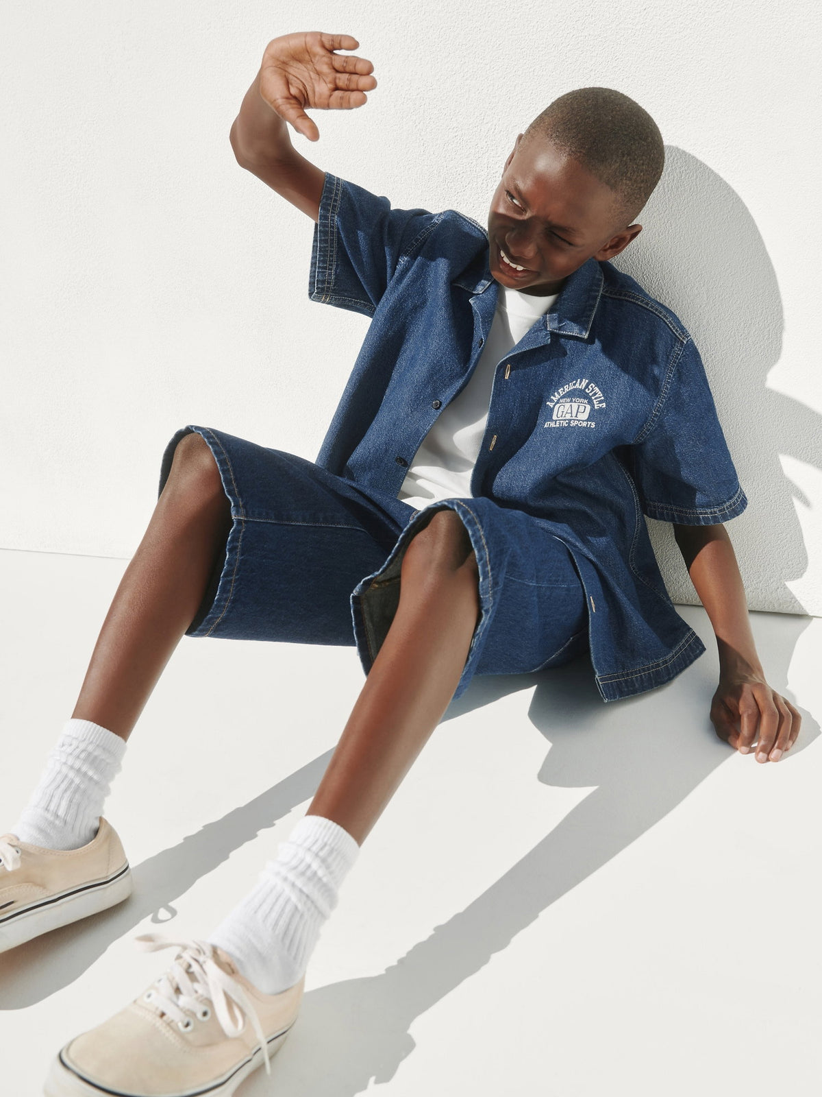 Koyu Mavi Kids Denim Relaxed New York Logo Gömlek