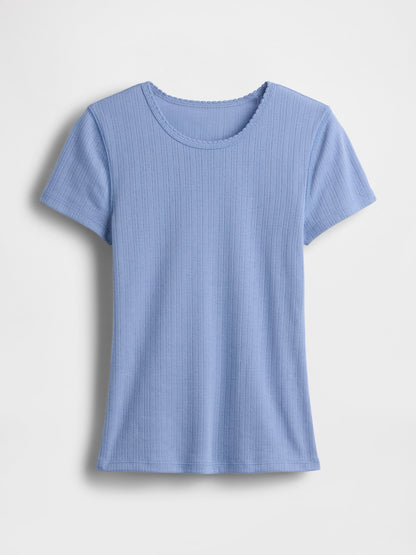 Açık Mavi Pointelle Bisiklet Yaka T-shirt