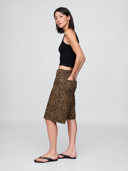 Kahverengi 11 Mid Rise Denim Leopar Longline Şort