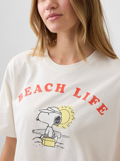Beyaz Peanuts Oversized Grafik Baskılı T-shirt