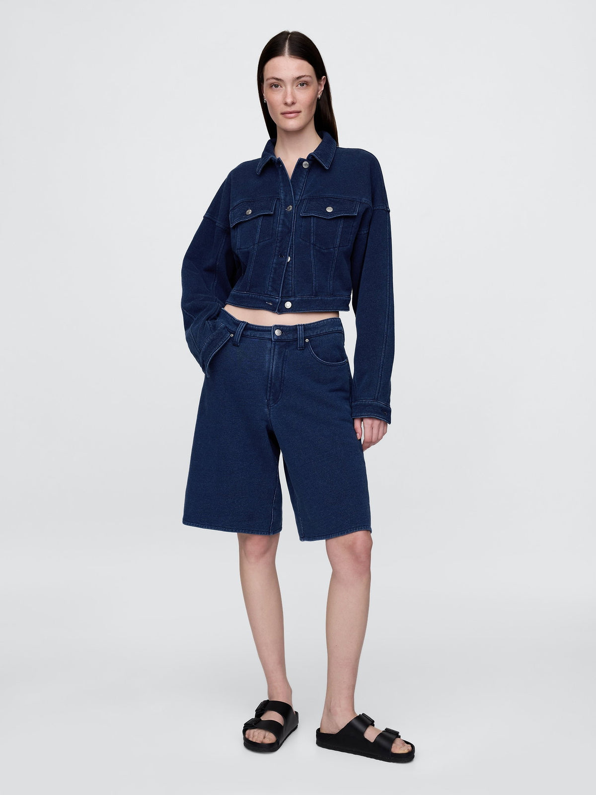 Koyu Mavi Fransız Havlu Kumaş Crop Icon Denim Ceket