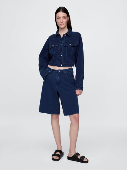 Koyu Mavi Fransız Havlu Kumaş Crop Icon Denim Ceket