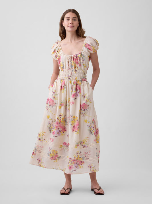 Çok Renkli Floral Voile Smocked Maxi Elbise