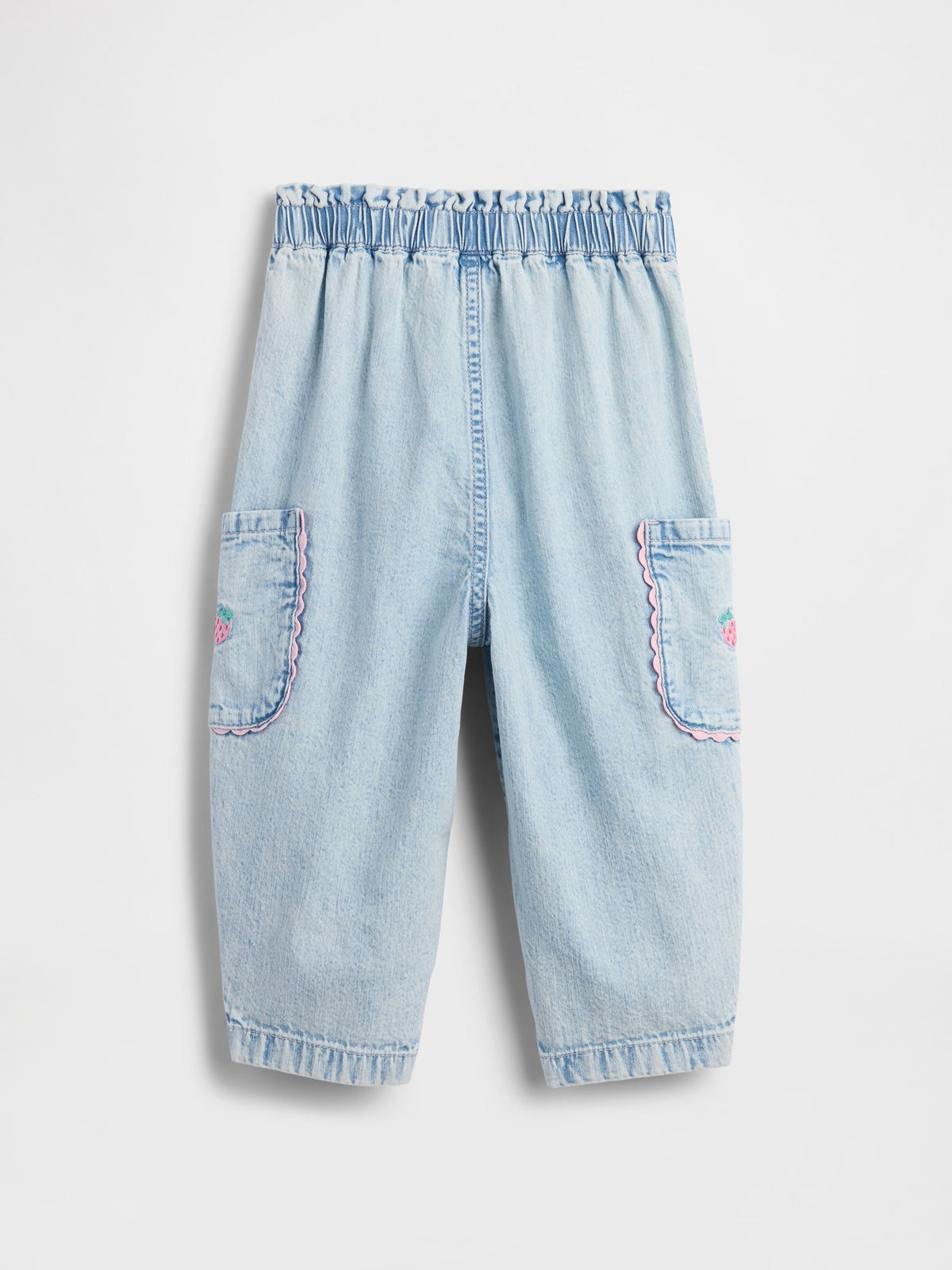 Açık Mavi Pull-on Çilek Işlemeli Kargo Barrel Jean Pantolon