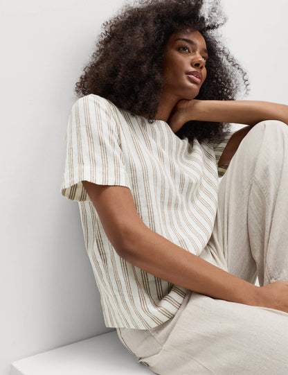 Keten Karışımlı Çizgili Relaxed Fit T-shirt