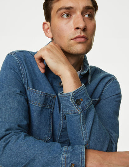 Saf Pamuklu Denim Gömlek Ceket