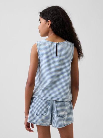 Mavi Gingham Denim Shell Askılı Üst