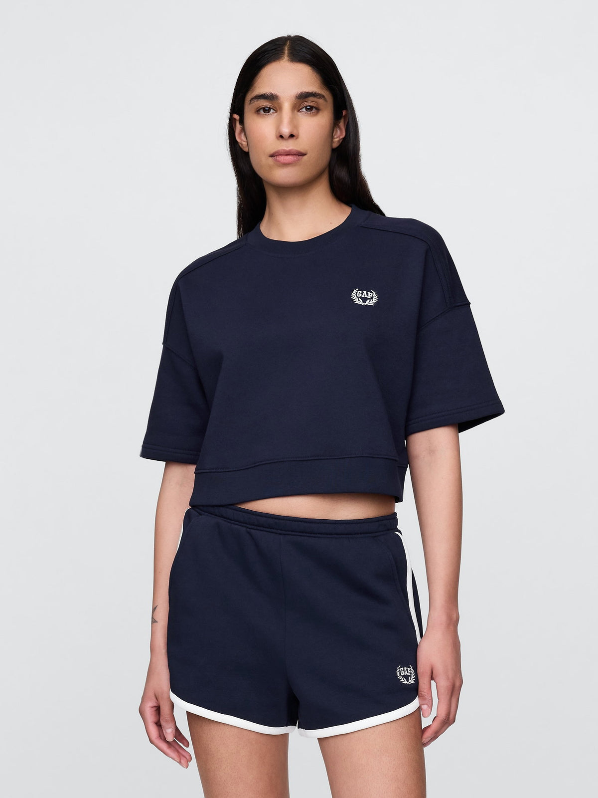 Lacivert Vintagesoft Dirsek Kolu Kısa Sweatshirt