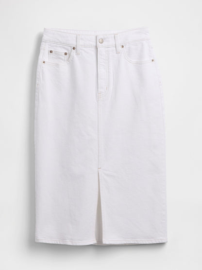 Beyaz Denim Midi Kalem Etek
