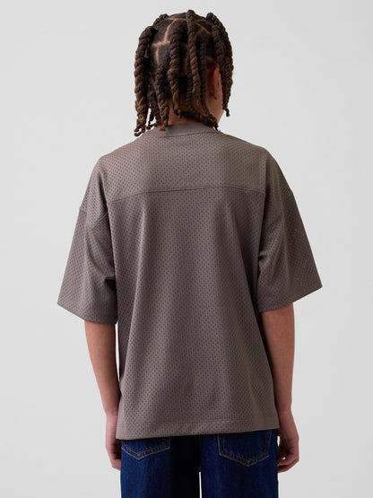 Kahverengi Mesh Oversized Grafik Jersey T-shirt