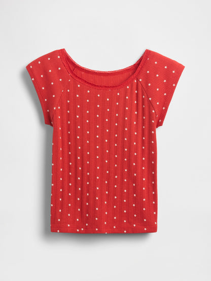 Kırmızı Dantel Yaka Pointelle T-shirt