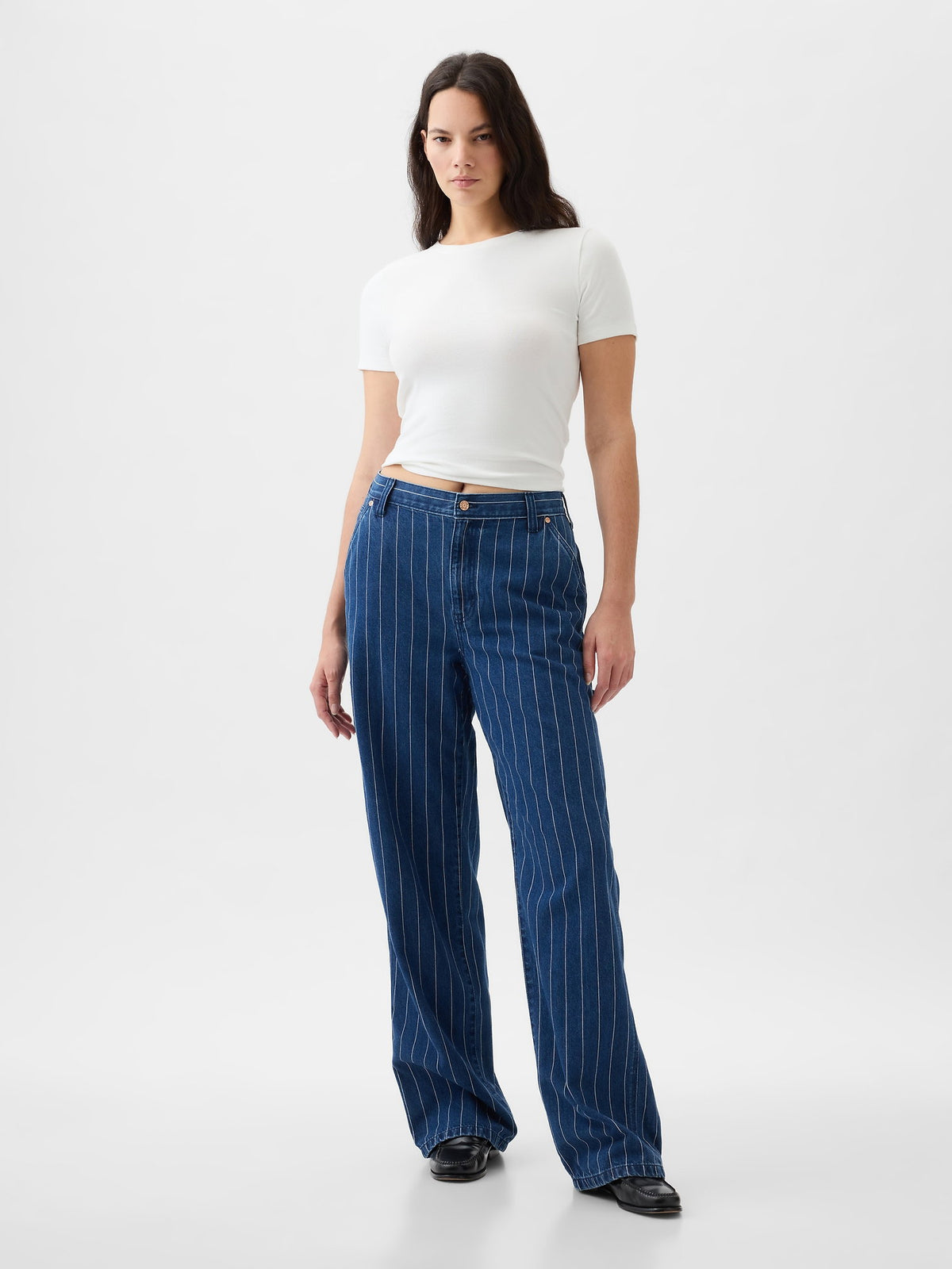Koyu Mavi Mid Rise '90s Loose Çizgili Carpenter Jean Pantolon