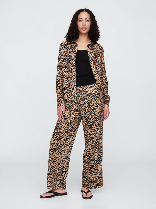 Kahverengi Mid Rise Keten Karışımlı Pull-on Wide-leg Pantolon