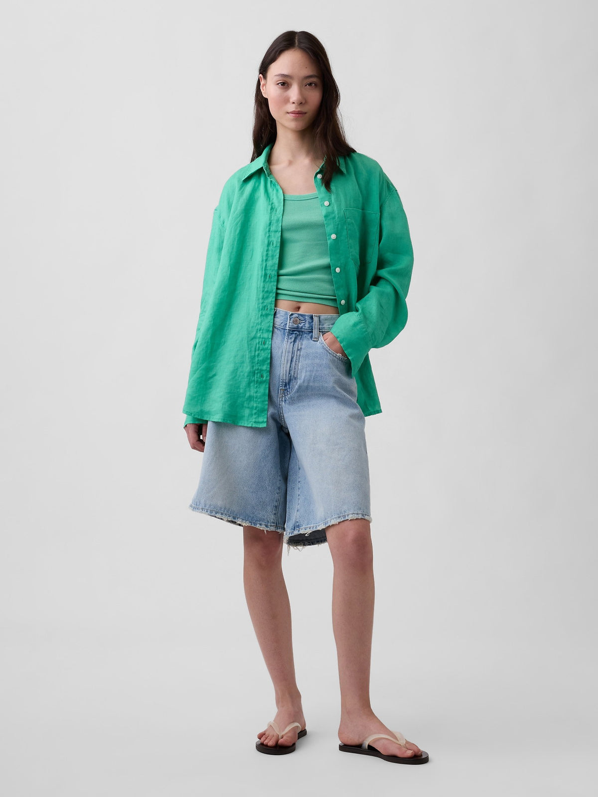 Açık Yeşil 100% Keten Oversize Gömlek