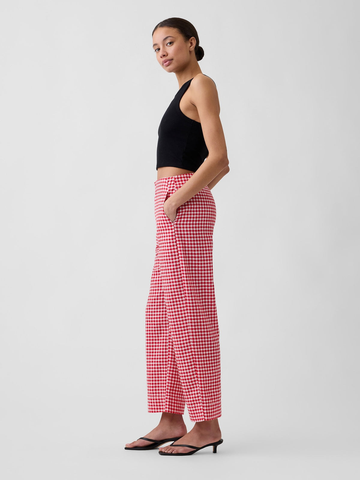 Kırmızı High Rise Keten Karışımlı Straight Crop Pantolon