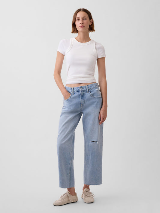 Açık Mavi Low Slung Relaxed Crop Jean Pantolon