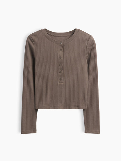 Açık Kahverengi Çizgili Fitilli Henley T-shirt