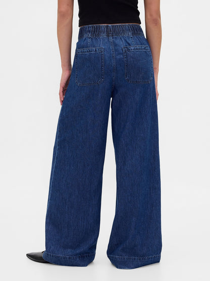 Koyu Mavi Mid Rise Ultrasoft Pileli Baggy Jean Pantolon