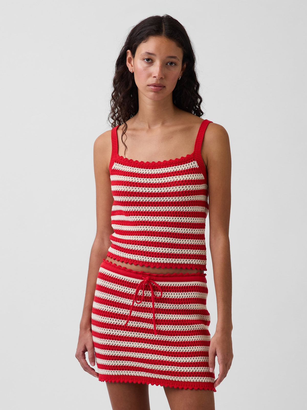 Kırmızı %100 Pamuk Crochet Crop Triko Bluz