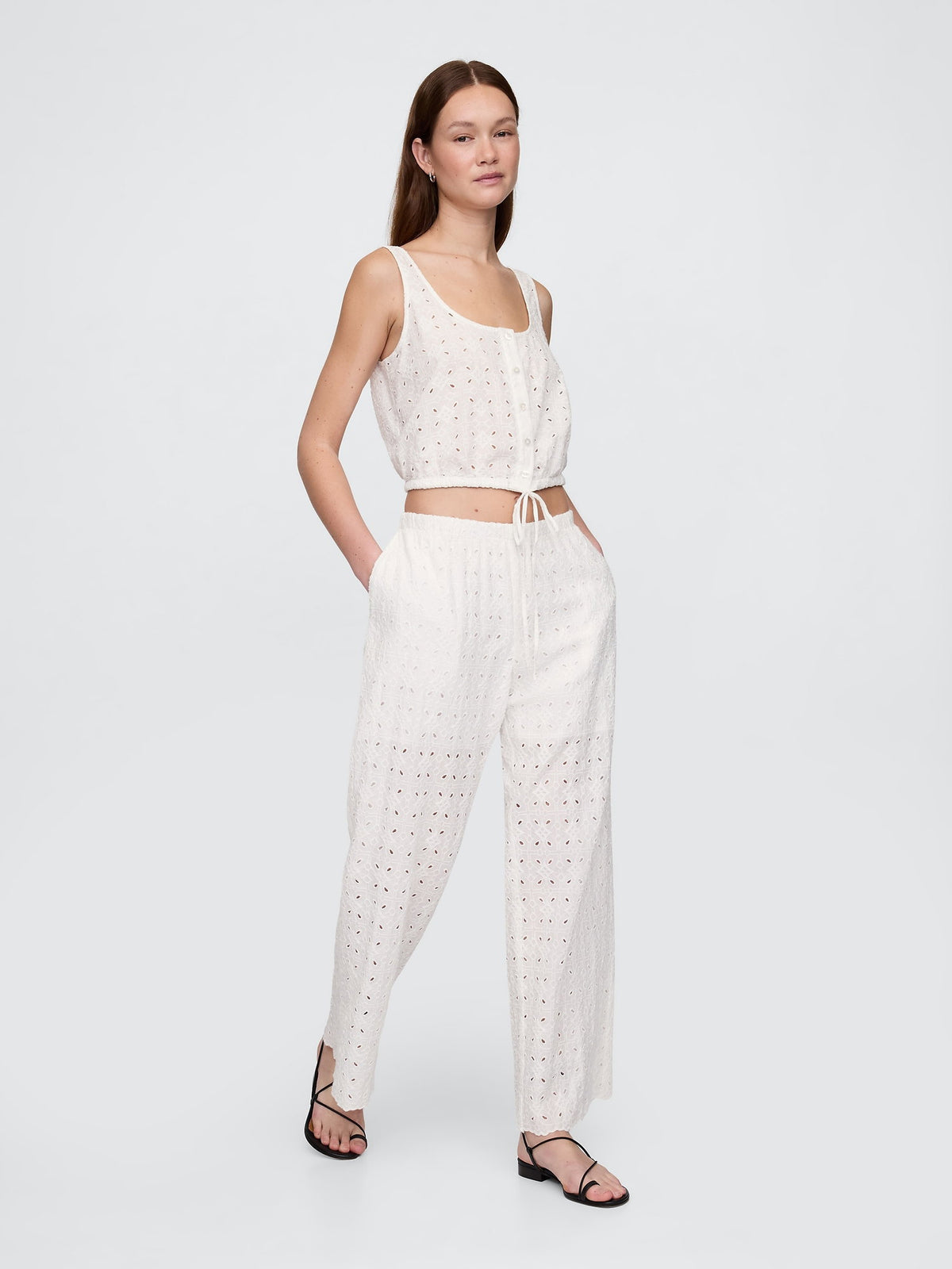 Beyaz Mid Rise Eyelet Kolay Wide-leg Pantolon