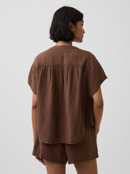 Kahverengi Pamuk Gauze Oversized Split-neck Üst