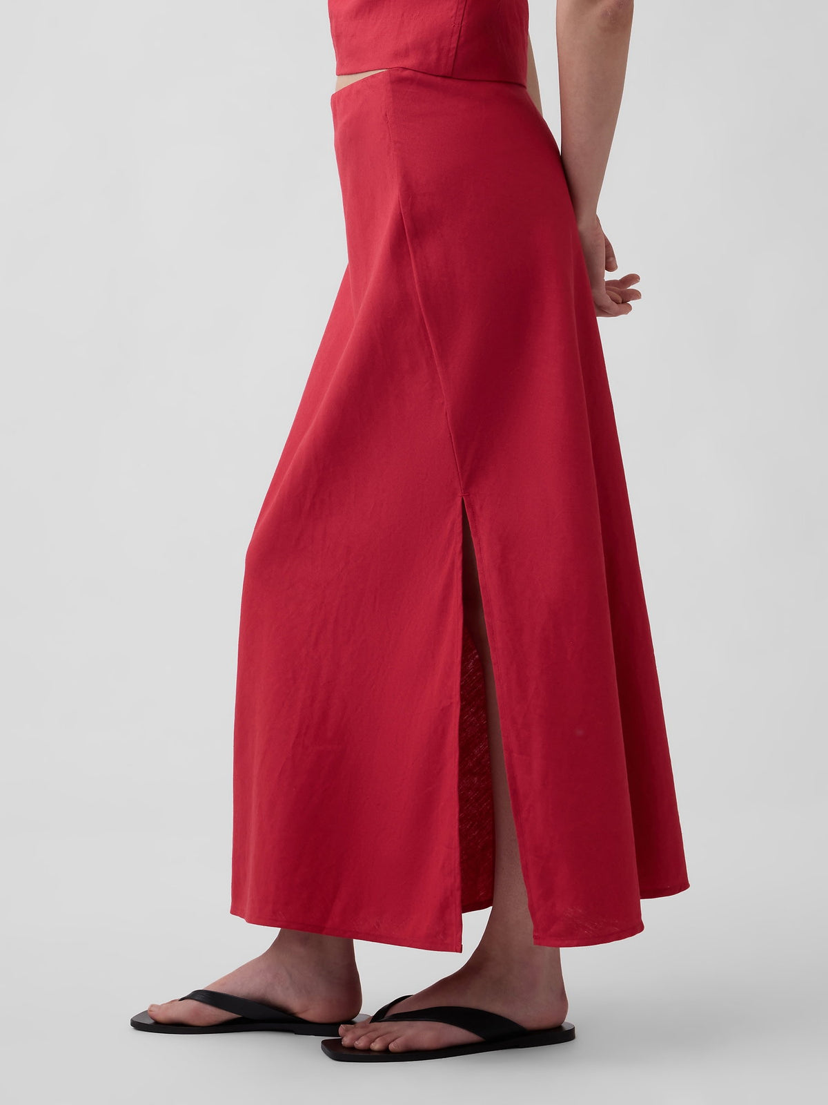 Kırmızı Keten Karışımı Maxi Slip Etek