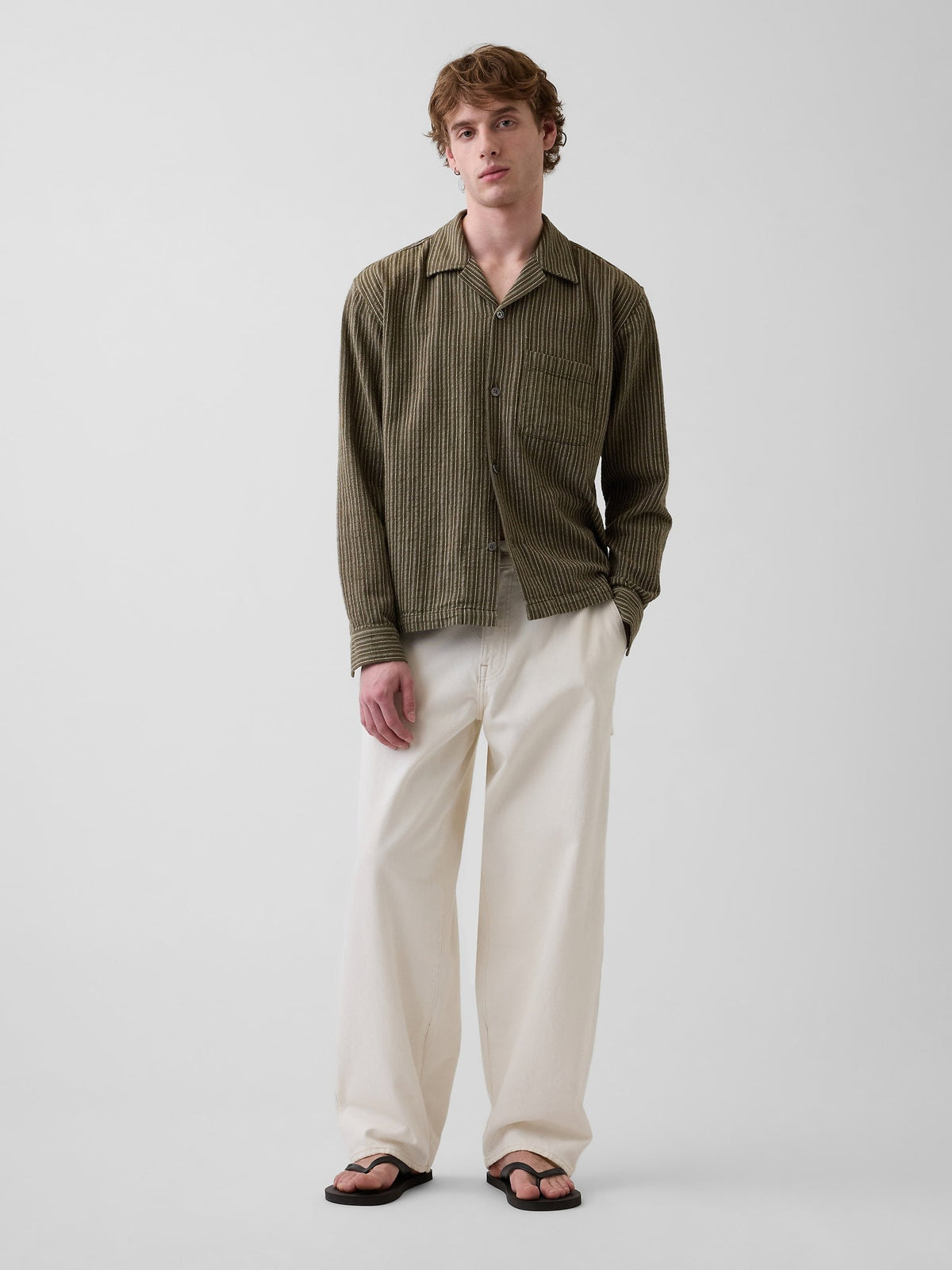 Haki Dobby Çizgili Relaxed Straight-hem Gömlek