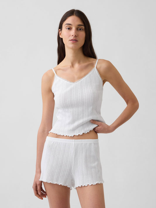 Beyaz Pointelle Lettuce-hem Crop Cami Pijama Üstü