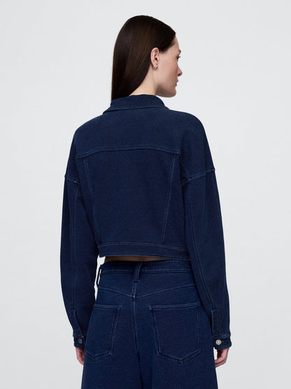 Koyu Mavi Fransız Havlu Kumaş Crop Icon Denim Ceket