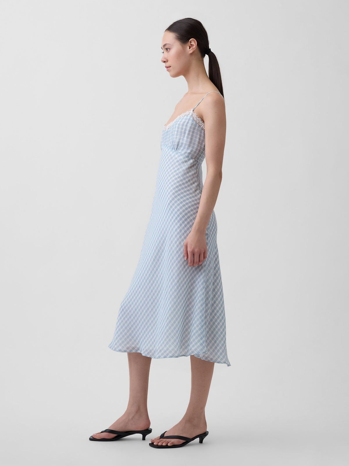 Açık Mavi Gingham Midi Slip Elbise