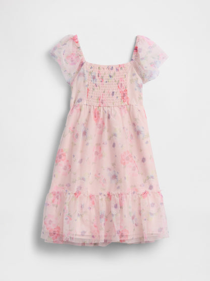 Açık Pembe Tulle Flutter Sleeve Elbise