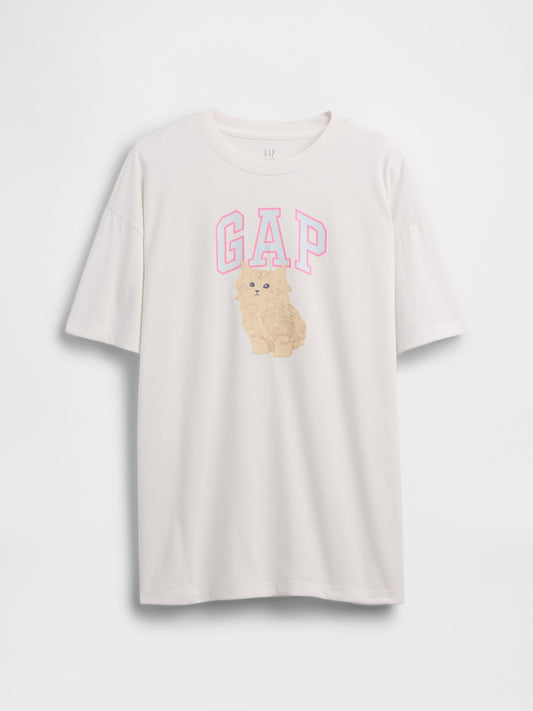 Beyaz Recycled Oversized Grafik Logo Pijama T-shirt