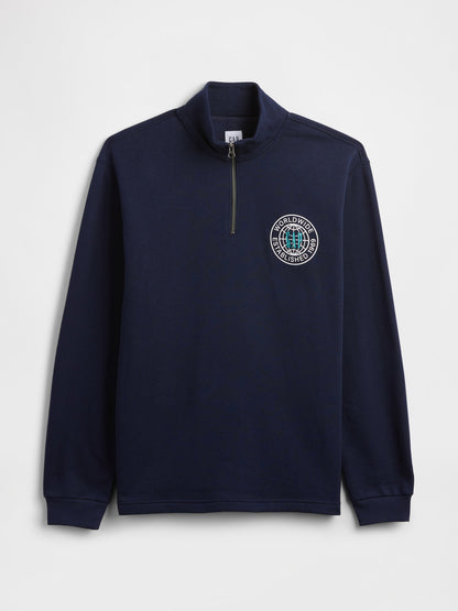 Lacivert Relaxed Gap Grafik Yarım Fermuarlı Sweatshirt