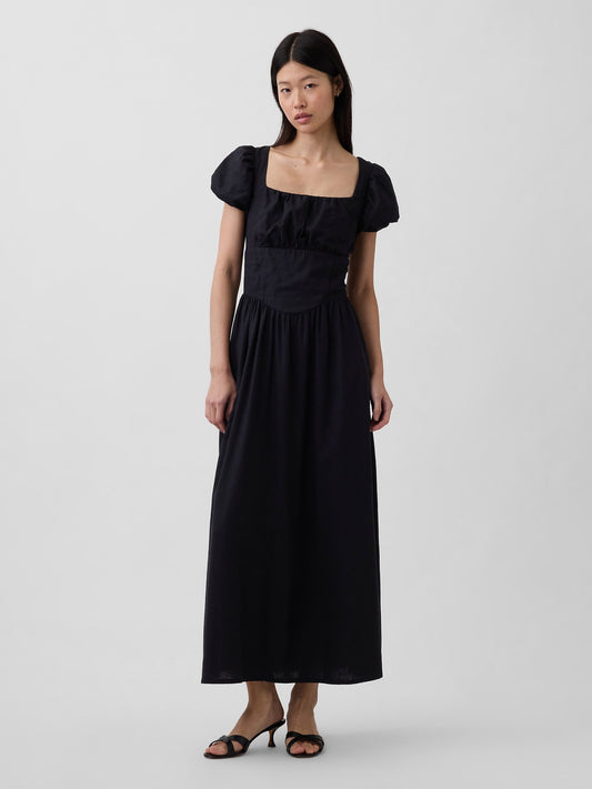 Siyah Keten Karışımı Drop-waist Maxi Elbise