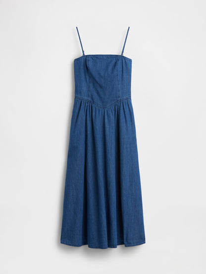 Koyu Mavi Strapless Denim Maxi Elbise