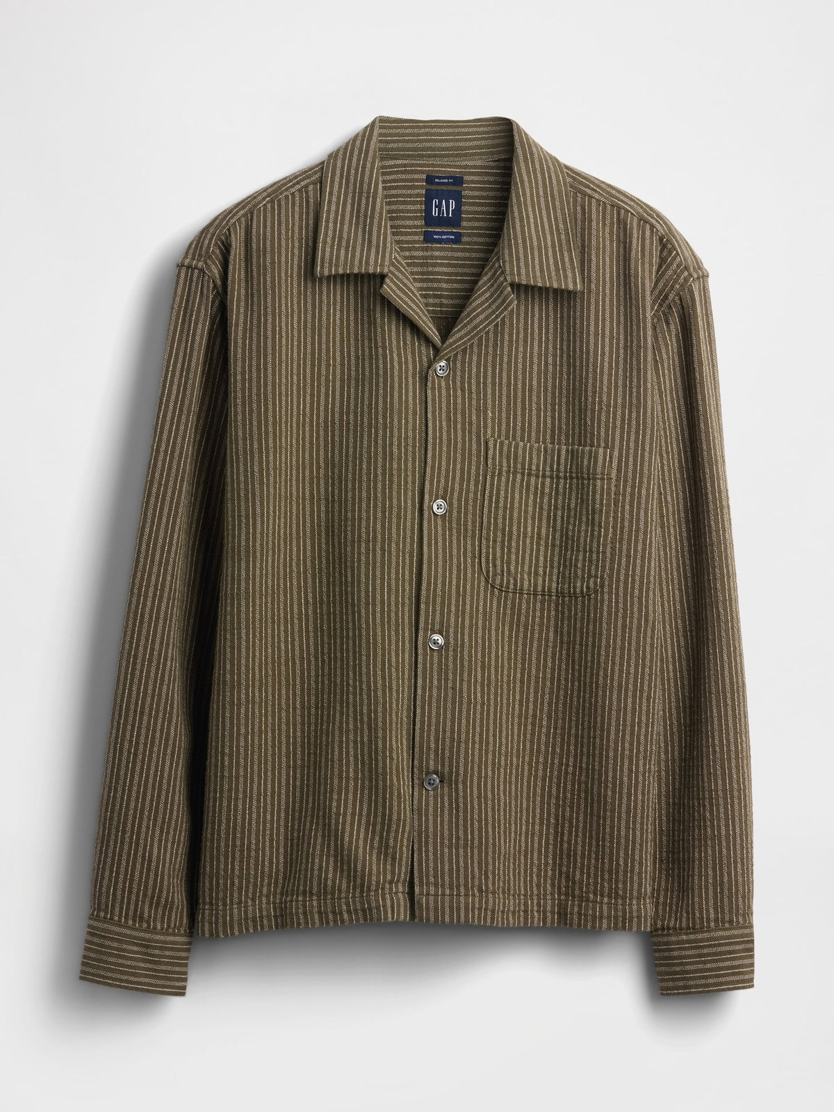 Haki Dobby Çizgili Relaxed Straight-hem Gömlek