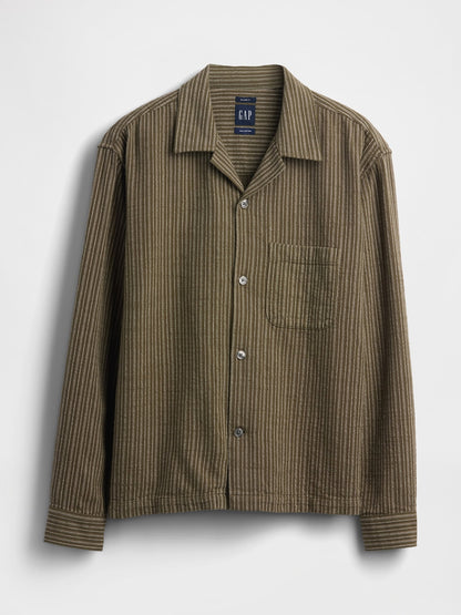 Haki Dobby Çizgili Relaxed Straight-hem Gömlek