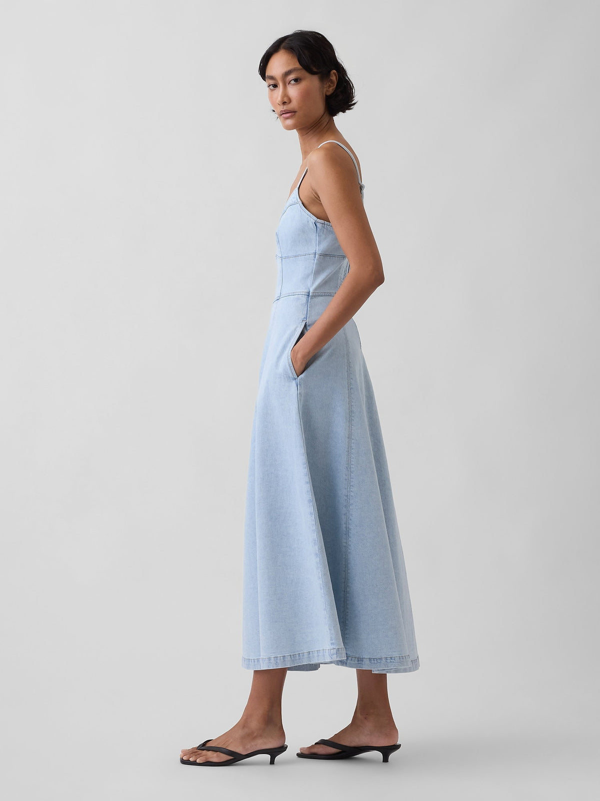 Açık Mavi Denim Seamed Korse Maxi Elbise