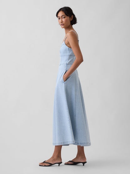 Açık Mavi Denim Seamed Korse Maxi Elbise