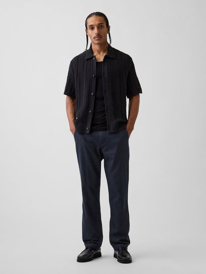 Lacivert Keten Pamuk Karışımlı Relaxed Straight Pantolon