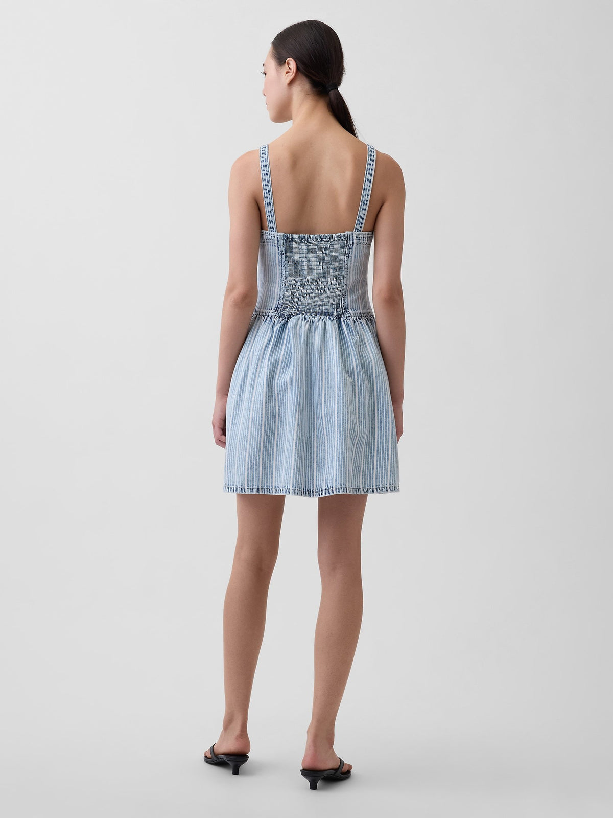 Açık Mavi Ultrasoft Denim Çizgili Drop-waist Mini Elbise