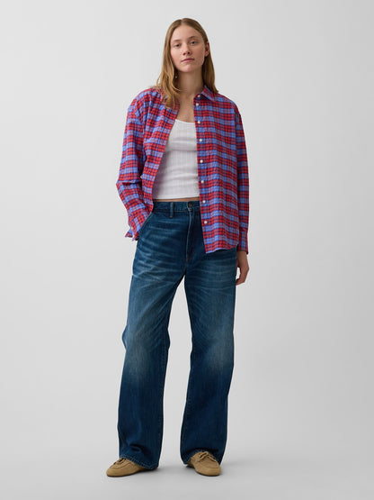 Kırmızı Seersucker Kareli Oversized Gömlek