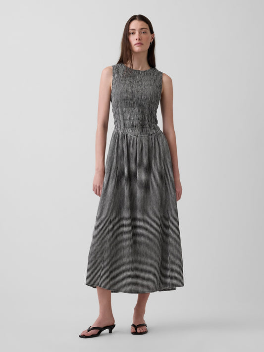 Siyah Gingham Smocked Drop-waist Maxi Elbise