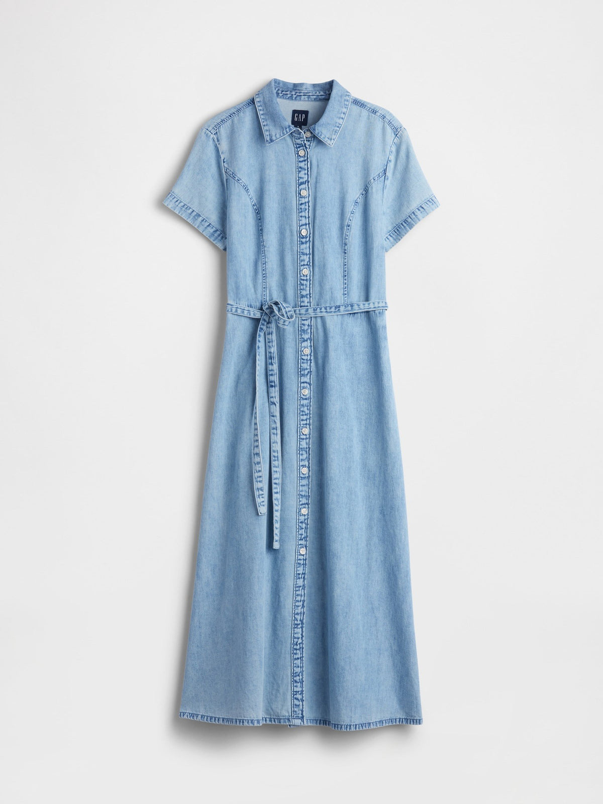 Açık Mavi Denim Tie-waist Midi Gömlek Elbise